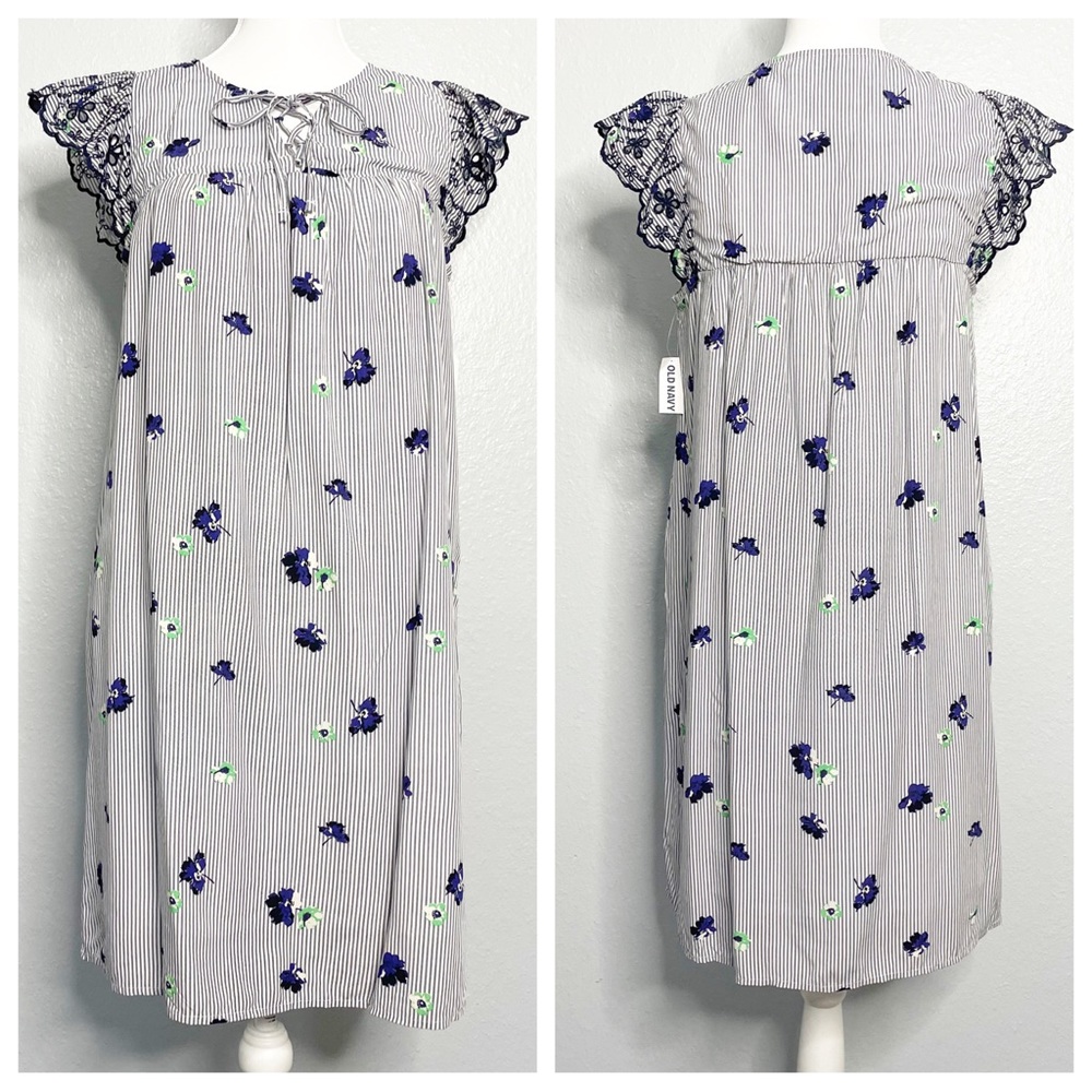 NWT Old Navy Pinstripe Baby Doll Dress with Floral Print and Embroidered Sleeves